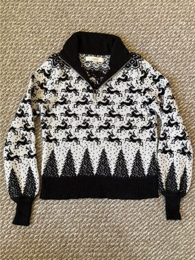 LOFT Reindeer Fair Isle Quarter Zip Sweater Black White Size XXS